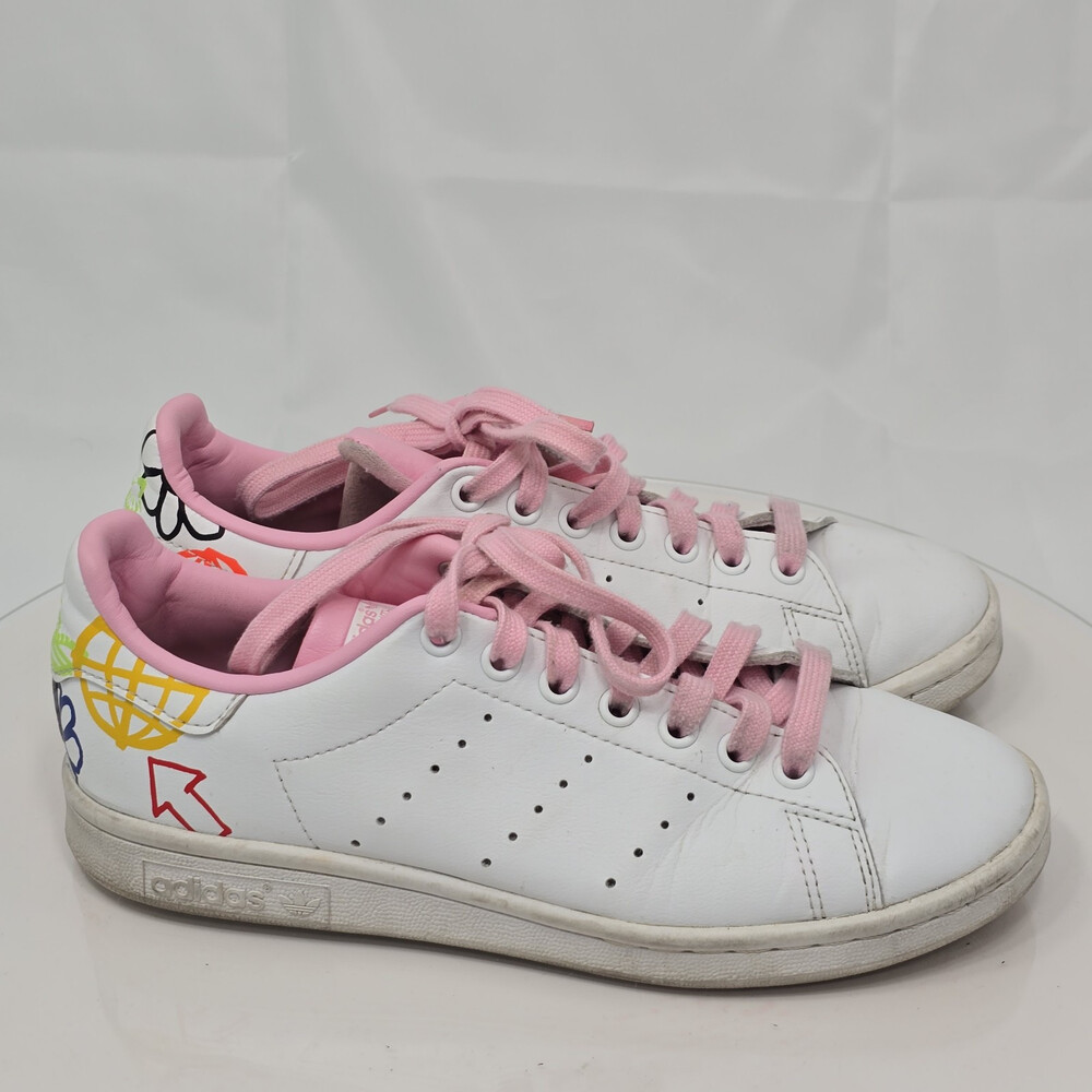 Adidas Originals Stan Smith Women 7 White Pink Multi Doodle Leather Sneakers